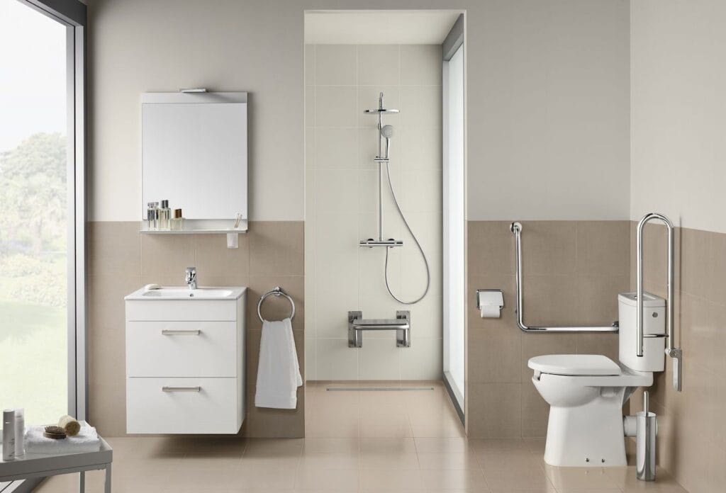 Baño adaptado con ayudas tecnícas para la movilidad y Personas con discapacidad