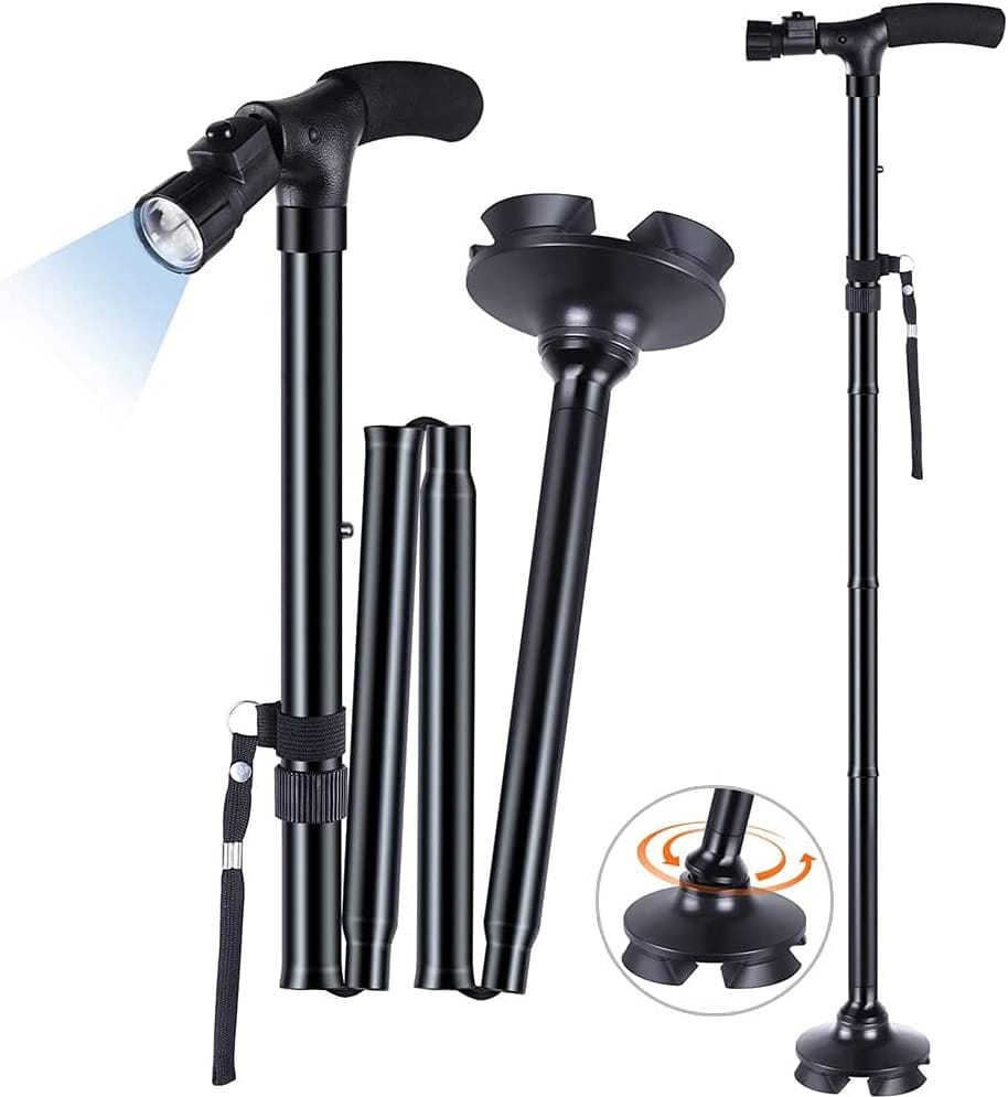 Bastón Plegable con luz LED, Bastones para Mayores Hombre Ajustable en Altura Ligero Palo Plegable Bastón no Deslizamiento con Mango en T y Base pivotante